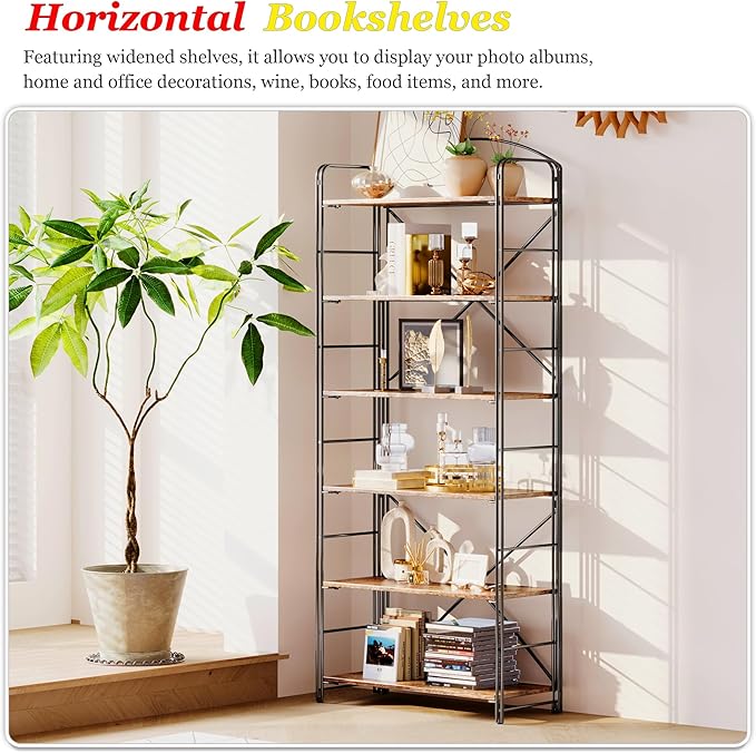 UDD Folding Bookshelf No Assembly, 65"H x 23.7"W, 6 Shelf Foldable Bookcase Industrial Collapsible Bookshelves, Open Storage Book Shelves for Small Spaces Home Office Living Room, Rustic Brown Black
