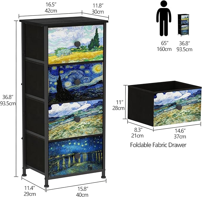 Narrow Dresser for Bedroom Slim 4 Drawer Dresser Vertical Storage Tower Unit for Living Room Hallway Kids Room Nursery Closet Sturdy Steel Frame Wooden Top Easy Pull Handle