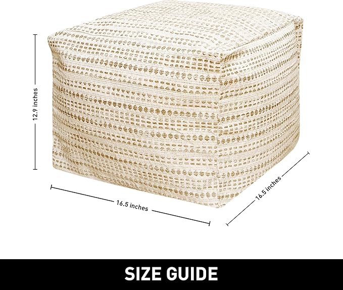 Chardin home Unstuffed Ottoman, Cozy & Bohemian Pouf Covers, Hand Crafted Casual Seating, Footrest, Square Floor Pillow for Home, Office, Bedroom, Living Room, 16.5" x 16.5"x 12.9", Beige-Off White
