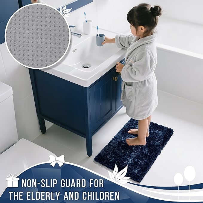 Yimobra Chenille Bathroom Rugs Non Slip, Extra Thick Soft Absorbent Bath Rug, Machine Washable Quick Dry Bath Mat for Bathroom Floor, Tub and Shower, Home Decor Accessories, 24x17, Navy Blue