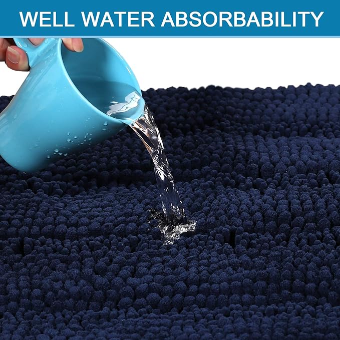 H.VERSAILTEX Bath Rugs for Bathroom Non Slip Bath Mats Extra Thick Chenille Striped Bath Rug Runners 47" x 17" Absorbent Fluffy Soft Shaggy Mats Dry Fast Plush Area Carpet for Bath Room - Navy