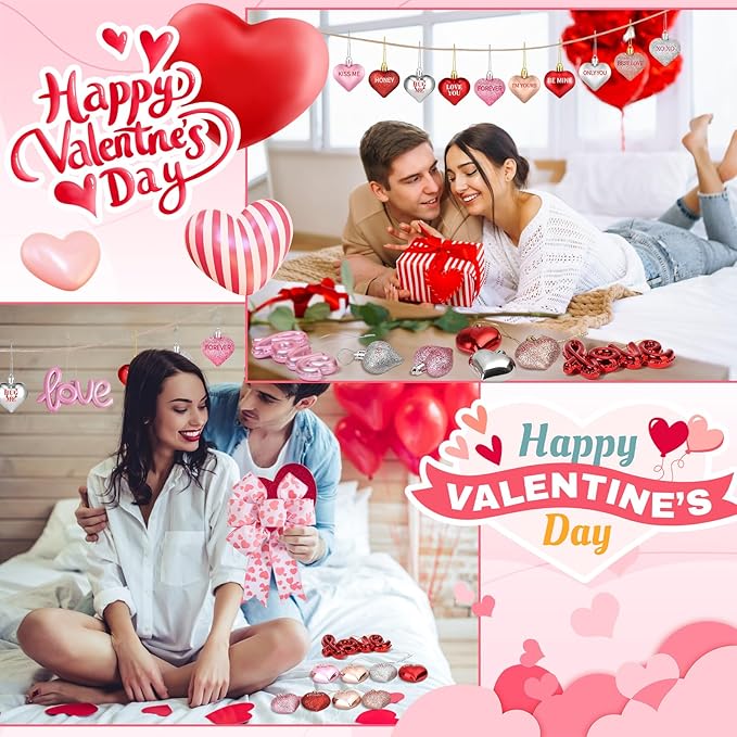 43Pcs Valentine's Day Heart Shaped Ornaments with Valentine Tree Topper Bow, 13 Styles Heart Shaped Ornament with Sweet Love Words, Valentine Ornaments for Tree Wedding Anniversary Decoration
