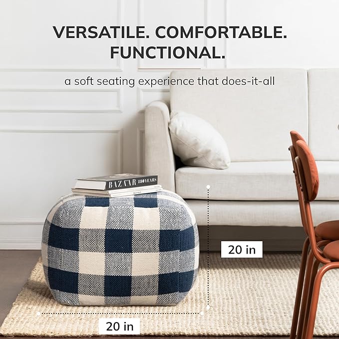 Anji Mountain Artisan Crafted Cotton Blend Pouf Ottoman | Versatile Floor Seating & Footstool for Living Room | Modern Boho Home Décor Accent | Filled Pouffe