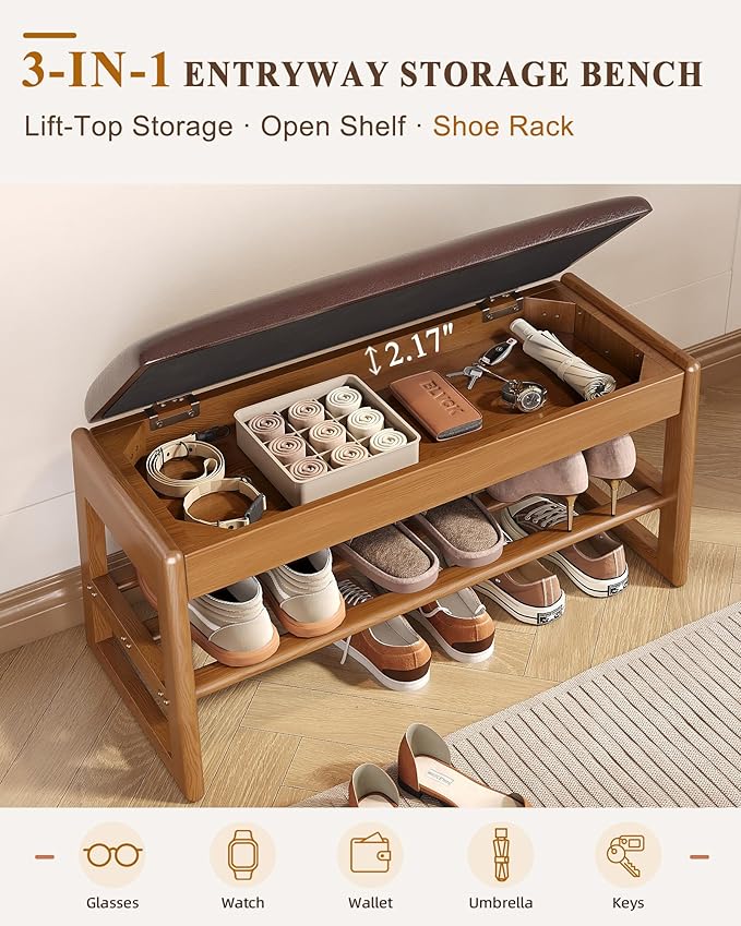 Shoe Rack Bench Seat Rubberwood 2-Tier Wooden Storage Bench 550lbs Compact Mid-Century Modern Design for Entryway, Hallway, Closet, Front Door Entrance, Foyer
