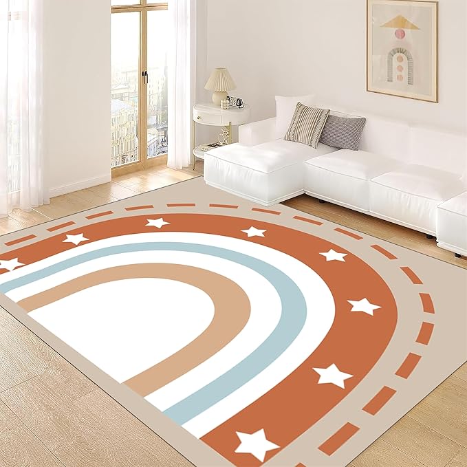 Machine Washable Rainbow Rugs Bedroom Fluffy Plush Soft Area Rugs Star Rainbow Patterns Living Room Non-Slip Indoor Flooring Kids Girls Boys Home Decor Aesthetics 3x5ft