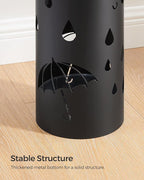 SONGMICS Umbrella Stand, Metal Umbrella Holder for Entryway, with Water Tray and 4 Hooks, 6.7 x 6.7 x 16.1 Inches, Round, Ink Black ULUC024B01