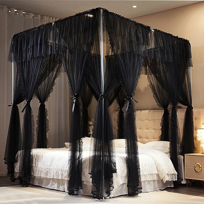 4 Corners Post Princess Curtains Bed Canopy for Girls 8 Panels Curtain- Double Layer Sheer Mesh Canopies Drapes Girls Room Decor (8P-Black/Black, 4P(33"x82") W+4P(43"x82") L/(Queen))