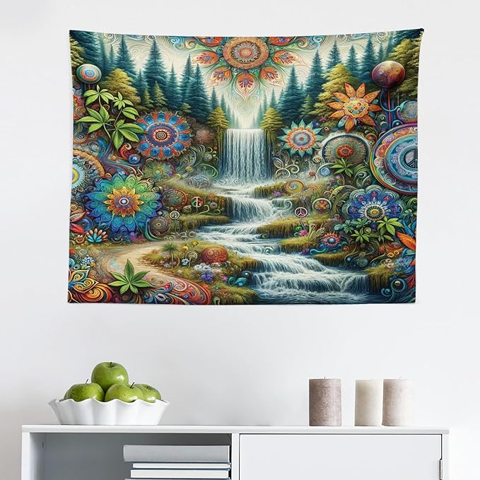 Ambesonne Trippy Tapestry, Scenic Waterfall with Wonderland Woods and Psychedelic Mandala Flowers, Fabric Wall Hanging Decor for Bedroom Living Room Dorm, 28" X 23", Olive Green Multicolor