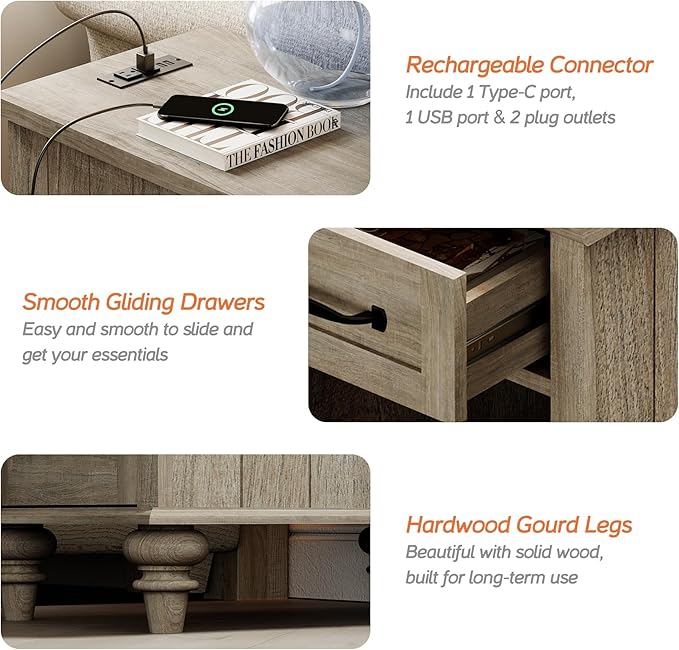 WAMPAT Set of 2 End Tables with Charging Station, Grey Side Table with Storage Cabinet & Drawer, Wooden Nightstands with Power Outlets & Type-C USB Port for Bedroom, Living Room