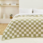 CozeCube Super Soft Fullfy Microfiber Reversible Knitted Blankets, Warm Cozy Fuzzy Plush Throw, Sage Green and White Checkered Throw Blanket for Couch Bed Sofa, 60" x 80"
