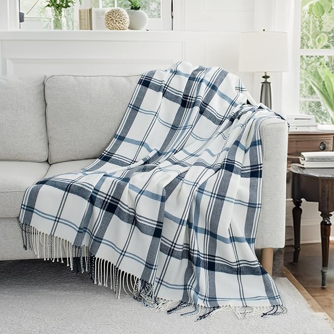 Blue and White Plaid Throw Blanket for Couch,60"X80" Super Soft Cozy Warm Home Decorative Throws with Tassels for Bed Sofa Picnic