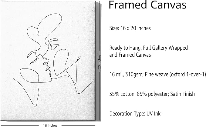 Y2K BOO Kissing Couple Wrapped Canvas Wall Art Romantic Intimacy Continuous Line Drawing 16x20 Inch Gallery Stretched Modern Home Love Art Decor