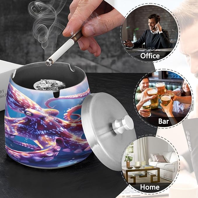 Octopus Underwater Ashtray with Lid, Outdoor Ashtrays for Patio, Stainless Steel Ashtray Odorless Smokeless for Home Office Balcony