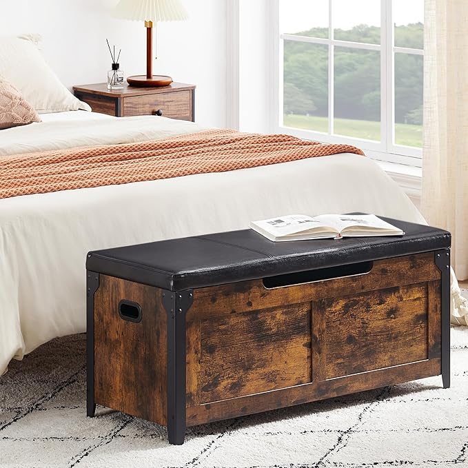 GAOMON Storage Chest, Wooden Storage Trunk with Metal Frame, Entryway Shoes Bench with Cushion, Large Storage Organizer, 39.4" Lift-Top Storage Chest with 2 Hinges for Bedroom, Living room