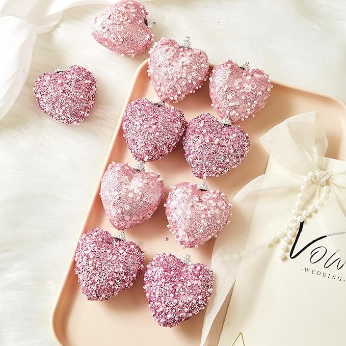 Pink Valentine's Day Heart Ornaments 10Pcs Glitter Sequin Heart Shaped Baubles Decoration Valentines Pearl Foam Hanging Decor(2.36in)
