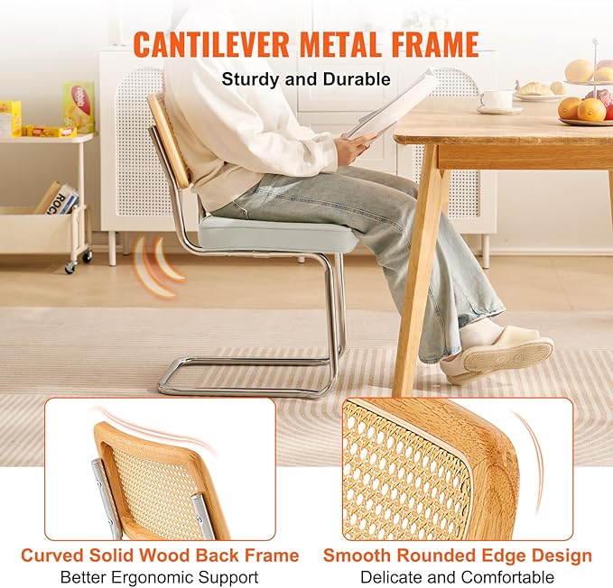 VEVOR Rattan Chairs Set of 2, Mid Century Modern Dining Chair, Upholstered Velvet Accent Chair with Rattan Back, Retro Dining Room Kitchen Chair for Living Room, Bedroom (18.1 Inch)