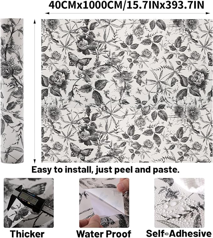 Drawer Liner Contact Paper for Dresser Peel and Stick Wallpaper Sketched Design 15.7x393.7in Self Adhesive Removable Black Maroon Rose Floral Butterfly Vintage Cabinet Shelf Renter Friendly