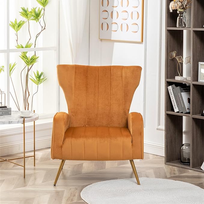 Modern Velvet Accent Chair, Channel Tufted Bedroom, Office or Living Room Furniture with Elegant Metal Legs, 26" Wide Armchair, Mustard Yellow