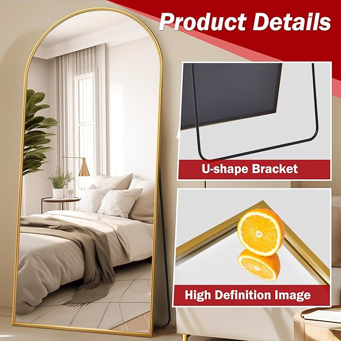 Suidia Arched Full Length Mirror, 71"x32" Floor Mirror Freestanding, Floor Standing Full Body Mirror with Stand for Bedroom, Hanging Leaning Mounted for Living Room Cloakroom, Gold