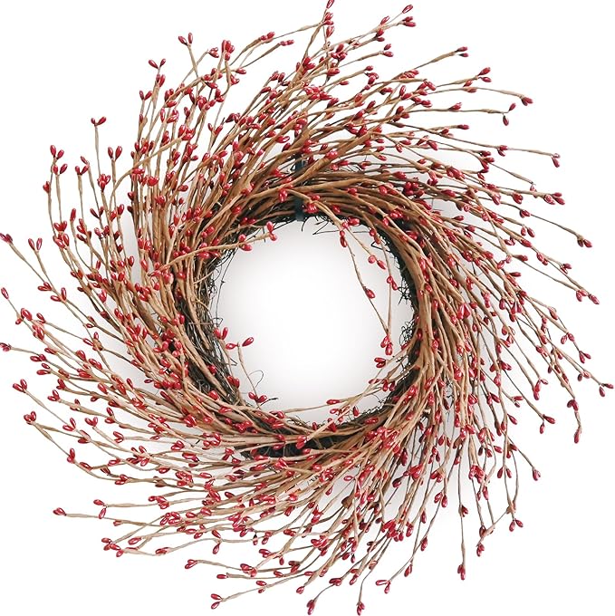Spring Front Door Wreath - 18 Inch Artificial Twig Wreath with Red & Burgundy Berries, Eucalyptus Leaves, Grapevine for Farmhouse Window Hanging Christmas Decor