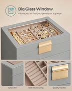 SONGMICS GISELLA Collection - Jewelry Box Organizer, 4-Layer Jewelry Storage with 3 Drawers, Shiny Metal Hardware, Glass Lid, Modern, 8 x 9.1 x 6.5 Inches, Dove Gray and Gold Color UJBC173G01