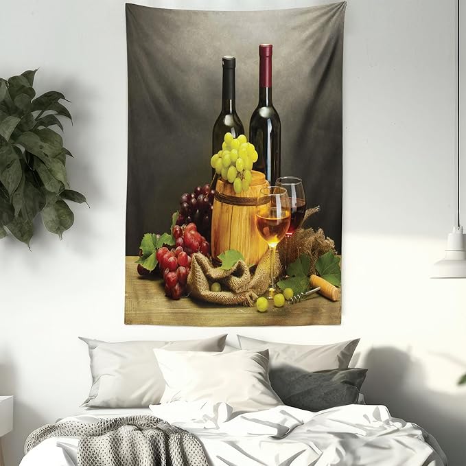 Ambesonne Winery Tapestry Queen Size, Cask Bottles and Glasses of Wine and Ripe Grapes on Wooden Table Picture Print, Wall Hanging Bedspread Bed Cover Wall Decor, 88" X 88", Grey Taupe