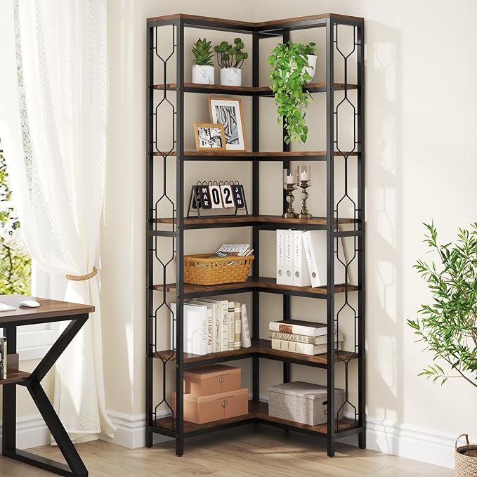 Tribesigns Corner Shelf, 7-Tier Industrial Corner Bookshelf, Wood and Metal Etagere Bookcase, Freestanding Display Shelf for Living Room, Kitchen, Home Office, Rustic Brown | Corner Bookshelf, Etagere Bookcase, Display Shelf, Living Room, Kitchen, Home...