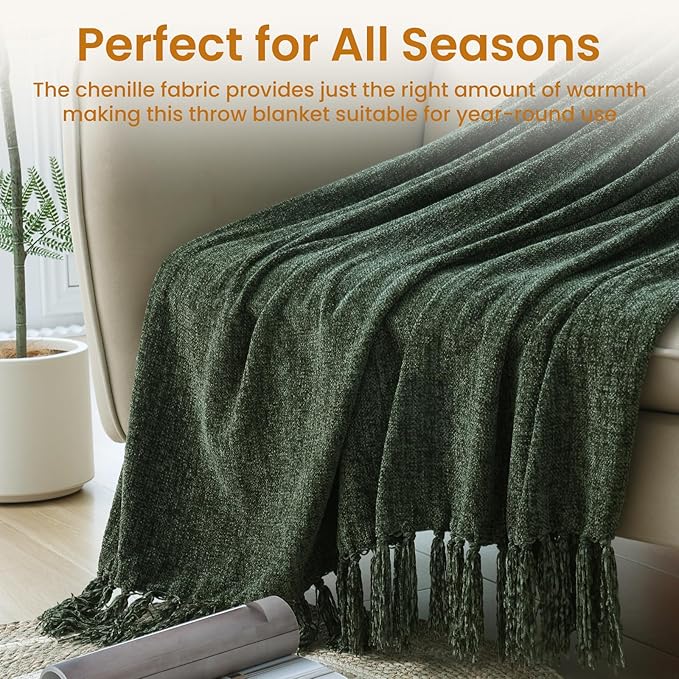 Olive Green Chenille Throw Blanket for Couch Bed，Soft Cozy Throw Blanket with Handmade Fringe, Decorative Blanket for Sofa Chair Living Room for Gift, (Olive Green)