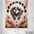 Ambesonne Boho Tapestry Twin Size, Springtime Butterfly Art with Delicate Floral Garden and Dreamy Moon Circle, Wall Hanging Bedspread Bed Cover Wall Decor, 68" X 88", Pale Ruby Dark Taupe