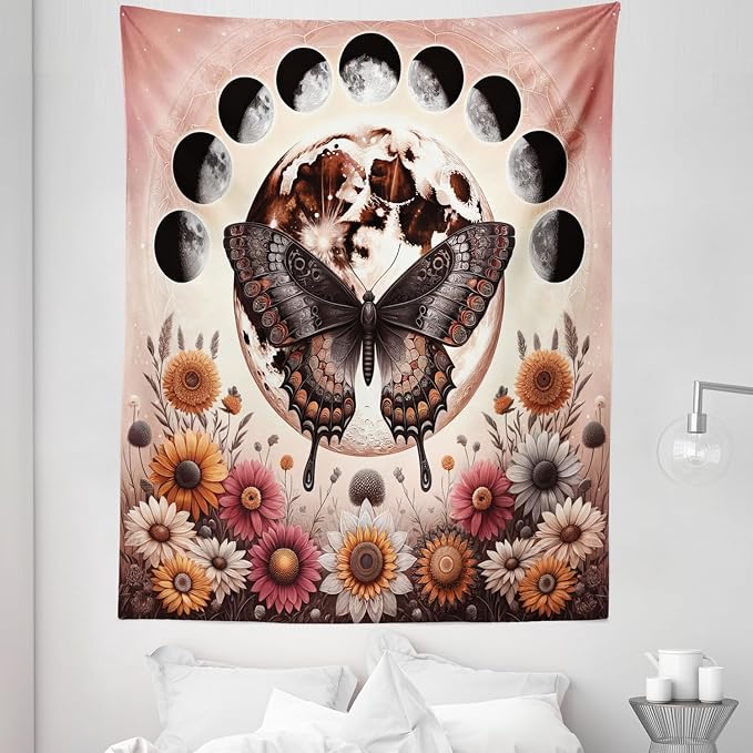 Ambesonne Boho Tapestry Twin Size, Springtime Butterfly Art with Delicate Floral Garden and Dreamy Moon Circle, Wall Hanging Bedspread Bed Cover Wall Decor, 68" X 88", Pale Ruby Dark Taupe