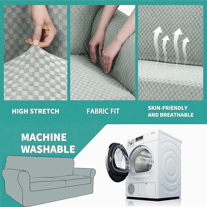 YEMYHOM Latest Checkered 3 Pieces Couch Covers for 2 Cushion Couch High Stretch Sofa Cover with 2 Extra Large Seat Cushion Covers Anti Slip Elastic Slipcovers (Ivory), 71"-91"(2 Cushions)
