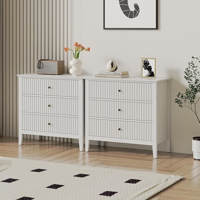 White Large 3 Drawer Dresser Set of 2, Painted 30 Inch Tall Wood Nightstand with Storage, Wide Modern Chest of Drawers with Ball Bearing Slide for Bedroom Hallway Living Room Entryway
