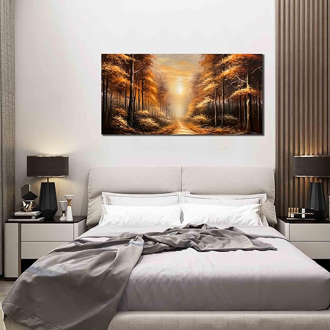 Large Wall Art for Living Room Bedroom Office Gold Forest Artwork Sunrise Landscape Nature Pictures Modern Wall Art Framed Canvas Prints 24x48 Inch