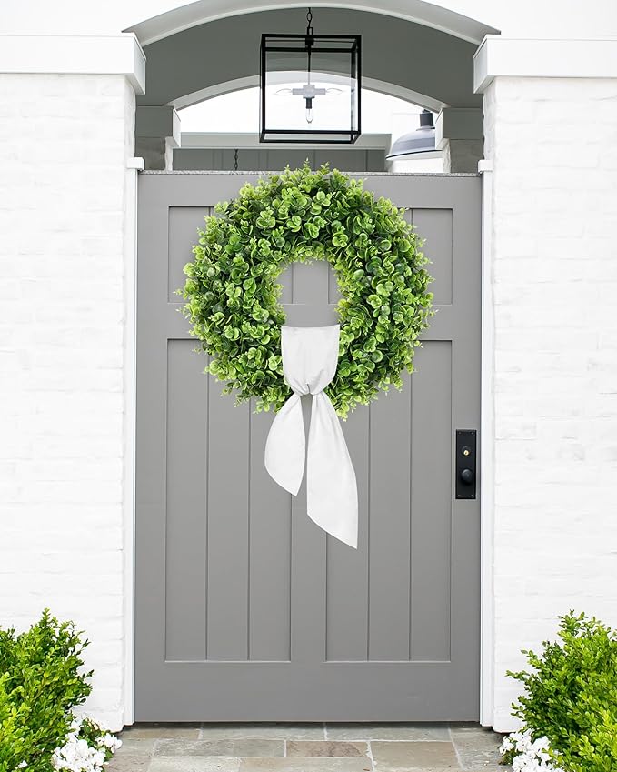 Vlorart 24 Inch Artificial Front Door Boxwood Wreath, Spring Summer Wreaths for Front Door, Large Green Wreath with Sash for Farmhouse Wedding Outside Year Round Indoor and Outdoor for Home Decoration