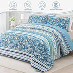 Exclusivo Mezcla Reversible Boho Quilts Queen Size, Blue Bedspreads Lightweight Coverlet All Season Bohemian Quilt Bedding Set with Printed Striped Floral Pattern (1 Quilt, 2 Pillow Shams)