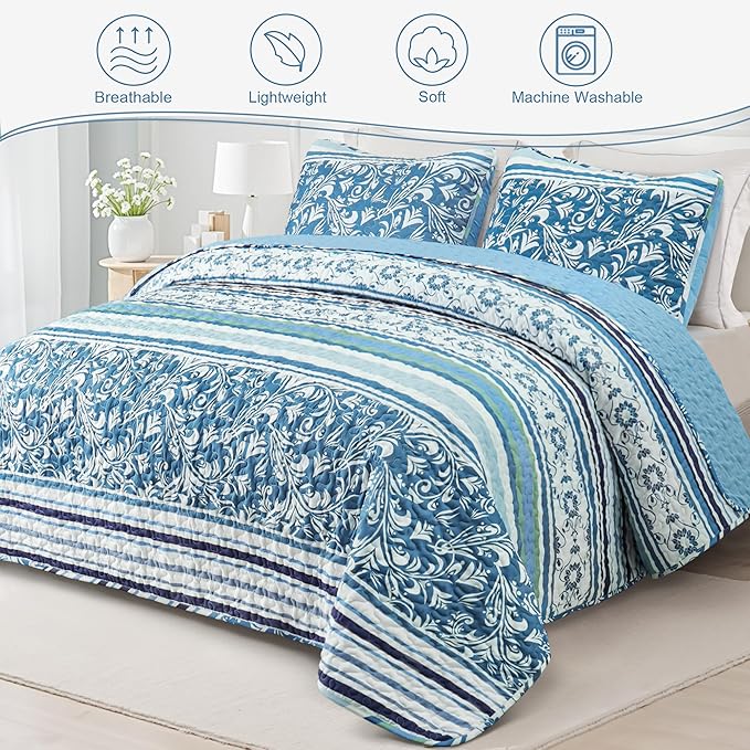 Exclusivo Mezcla Reversible Boho Quilts King Size, Blue Bedspreads Lightweight Coverlet All Season Bohemian Quilt Bedding Set with Printed Striped Floral Pattern (1 Quilt, 2 Pillow Shams)