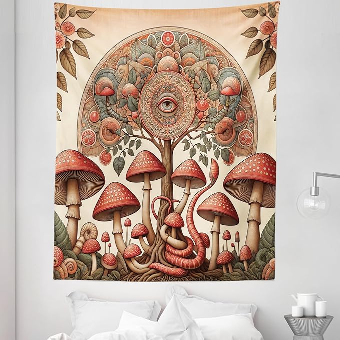 Ambesonne Hippie Tapestry Twin Size, Psychedelic Aura Leaves and Eye Ornate Tree Art with Mushrooms and Snake, Wall Hanging Bedspread Bed Cover Wall Decor, 68" X 88", Dark Pink Reseda Green