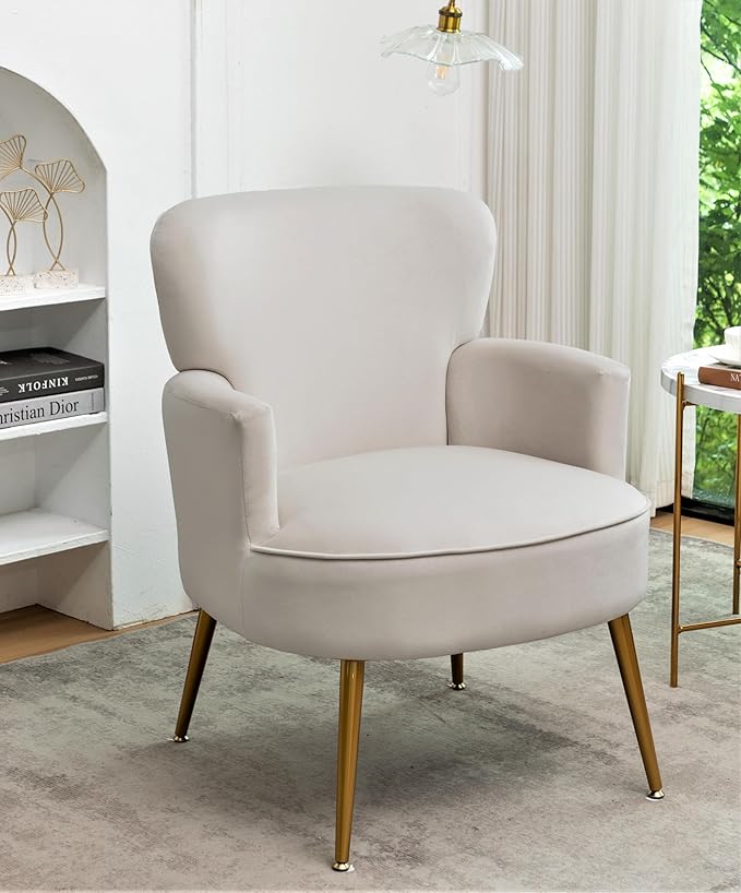 Trendy Velvet Accent Chair with Gold Metal Legs, Upholstered Armchair for Small to Mid-Size Spaces, Modern Living Room, Bedroom, Vanity Desk and Entryway, Ivory