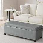 SIMPLIHOME Avalon Storage Ottoman Bench - 48 inch Wide Upholstered Vegan Leather Rectangular Lift-Top Ottoman in Stone Grey, Contemporary Storage Bench for Living Room with High-Density Foam