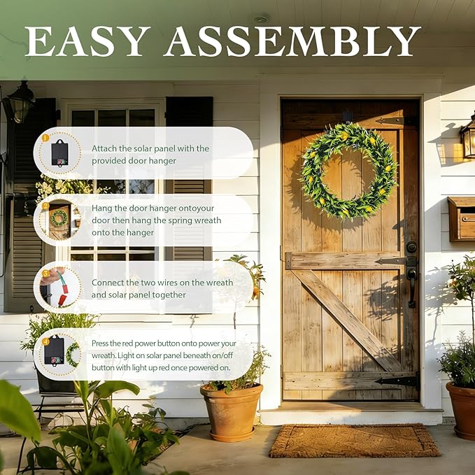 Solar Spring Wreath for Front Door 16inch Pre-lit 30LED Wreaths Spring Summer Decor for Outside Aftificial Yellow Tulips Wreaths Home Decorations Wreath for Wall Festival Decor