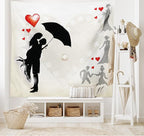 Ambesonne Wedding Tapestry, Couple in Love Umbrella Red Hearts Daisies Romance in the Air Celebration, Wide Wall Hanging for Bedroom Living Room Dorm, 60" X 40", Black White Red