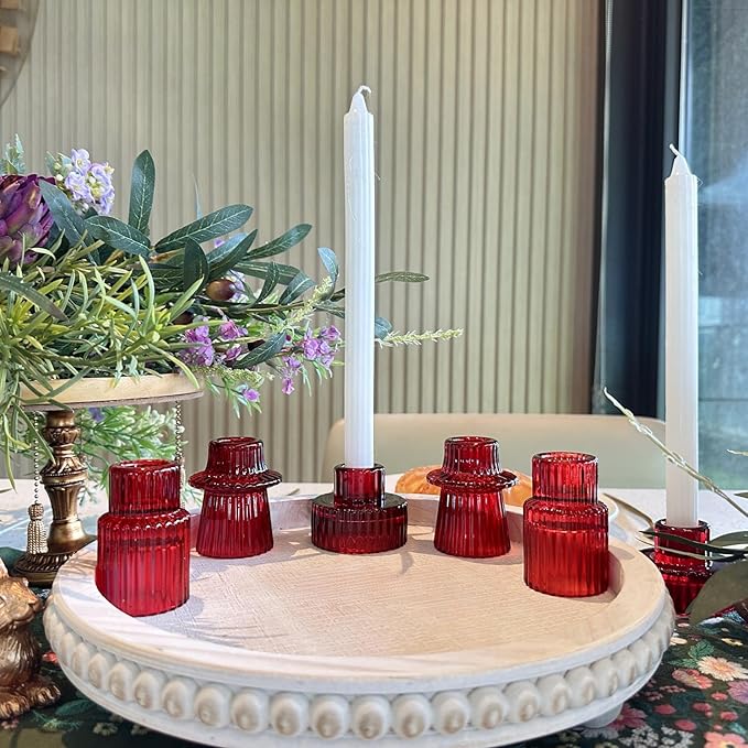 Double Sided Vintage Ribbed Taper Glass Candle Holders,Tea Candle Holder for Table Centerpieces, Wedding Decorations and Dinner Parties (Red, 3 PCS)