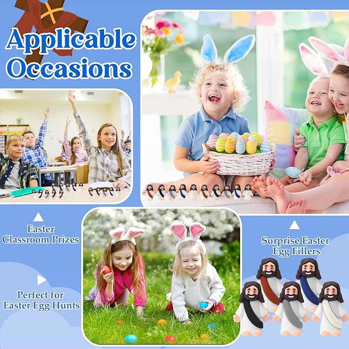 Bememo 100 Pcs Jesus Toys Original Design Mini Rubber Little Jesus Figurine to Hide and Seek Religious Party Favors Sunday School Craft Baptism Gifts for Easter Egg Stuffers (Dark Color)