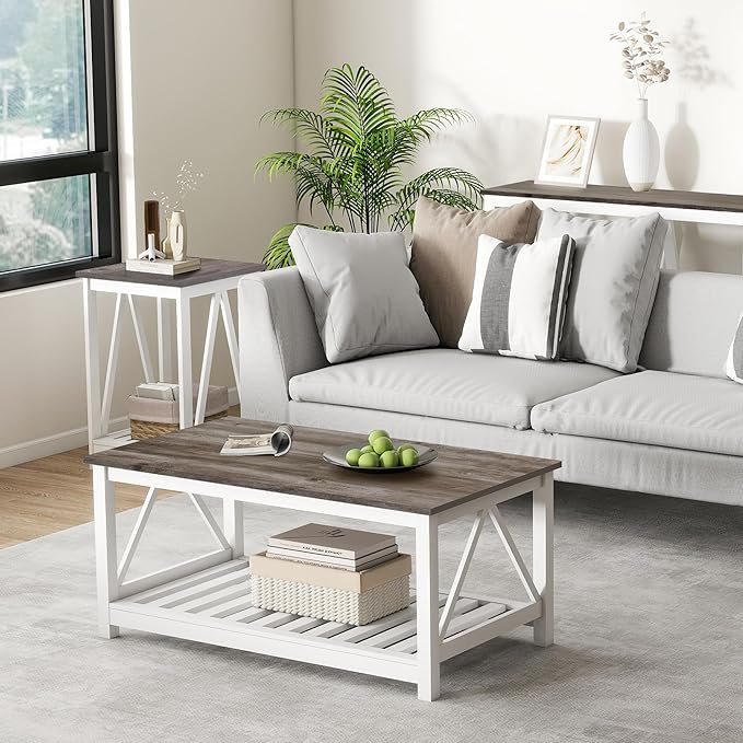 Farmhouse Coffee Table, White Oak Coffee Table for Living Room, 2-Tier Rectangular Wooden Centre Cocktail Table with Slats Shelf Storage and V-Shaped Frame Modern Coffee Oak Grey