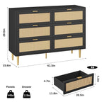 GarveeHome Rattan 6 Drawer Dresser, Modern Chest of Drawers with Gold Legs and Gold Handles, Wide Double Dresser with Large Tabletop and Anti-Tipping Design for Bedroom Living Room, Black