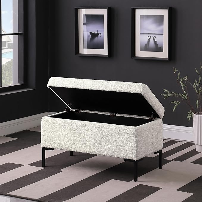 HomePop Upholstered Storage Bench with Metal Leg|Homepop Home Décor|Bench with Storage for Living Room & Entryway - Cream Boucle