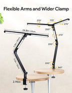 MediAcous LED Desk Lamp with Clamp, 20W 3 Lights Desk Light for Home Office, Flexible Swing Arm, Control Box, 4 Color Modes, 4 Brightness, Memory Function, Eye-Caring Clip on Lamp for Workbench