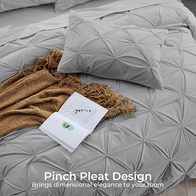 Sasttie Full Size Comforter Set, 7-Piece Bed in a Bag, Pintuck Bedding Sets for All Season, Includes Comforter, Flat Sheet, Fitted Sheet, Pillowcases and Pillowshams, Light Grey