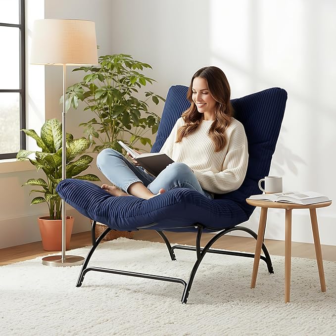 Welnow Accent Lounge Lazy Chair, Comfy Soft Leisure Metal Frame Reading Chair, Upholstered Thick Cushion Seated Recliner Sofa for Living Room, Bedroom, Dorm, Navy