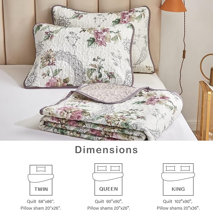 Flysheep 2 Pieces Quilt Set Twin Size, Beige Floral Reversible Bedspread Coverlet Set, Soft Microfiber Lightweight Bed Cover for Kids (68" x 86", 1 Quilt+ 1 Pillow Sham)